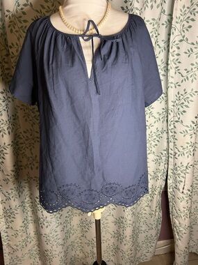 Susina Navy Tie-Neck Eyelet Hem Peasant Blouse